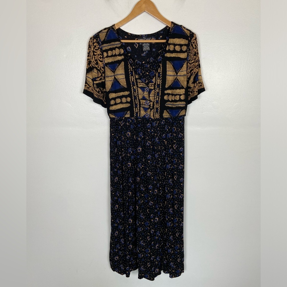 Carole Little 90s Pleated Maxi Dress Sz 12 Tribal Boho Whimsigoth V-Neck VTG USA - Picture 2 of 12